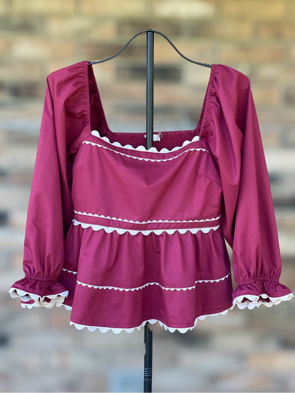 Entro Large Burgundy Ric Rac Trim Square Neck Peplum Blouse